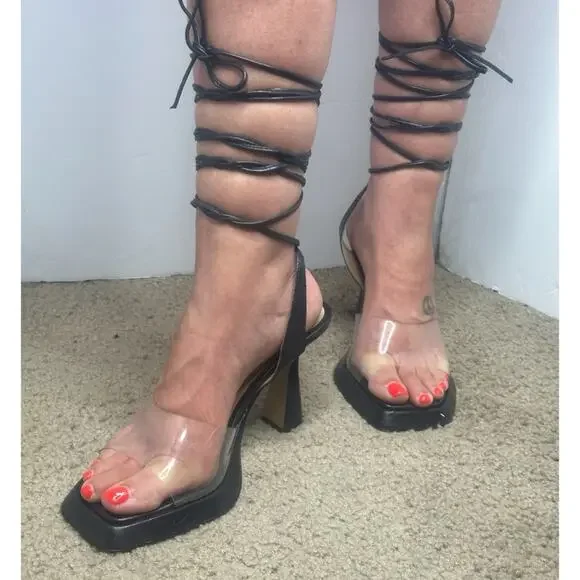 🪀NEW FREE PEOPLE CAMILLA BLACK LEATHER LACEUP LEG -VINYL BASE -4” HEEL 39 SEXY - Picture 8 of 9